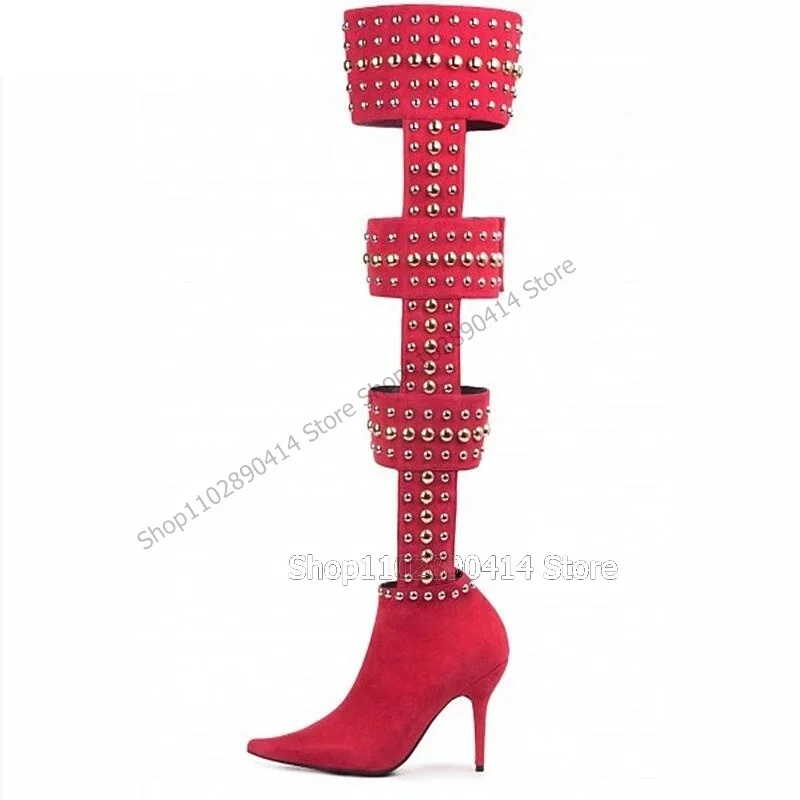 

Gold Rivets Red Hollow Design Pointed Toe Sandals Boots Side Zipper Women Shoes Thin High Heels Runway 2023 Zapatos Para Mujere