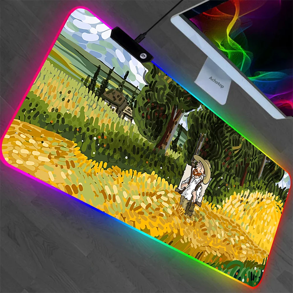 Alfombrilla de ratón con ilustraciones de Van Gogh RGB para Pc, alfombrilla de ratón con LED brillante, alfombrillas de goma para juegos de ordenador