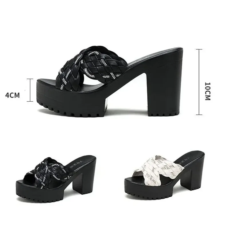 10 سنتيمتر صغيرة الحجم 32-43 أنيقة حجر الراين لينة شبشب جلدي أحذية منصة الصيف كتلة عالية الكعب الشرائح مكتب نموذج