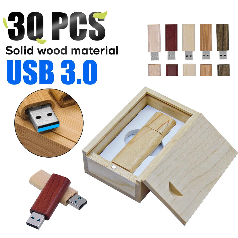 Clé USB 3.0 avec boîte en bois avec logo personnalisé gratuit, clé USB, transmission haute vitesse, 32 Go, 16 Go, 64 Go, 128 Go, 30 pièces, uno