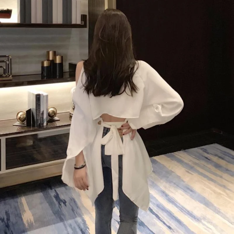 Temperament Off Shoulder Blouse Spring Summer New Long Sleeve Polo Neck Backless Sexy Shirt Tops Elegant Korean Women Clothing