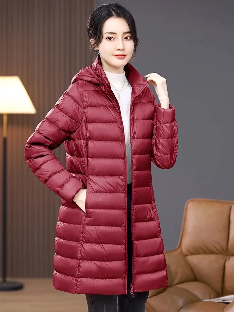 Ultra Lightweight Packable Women X-long 2024 New Arrivlas Middle Aged Mother Casual Hooded White Duck Down Female Coats