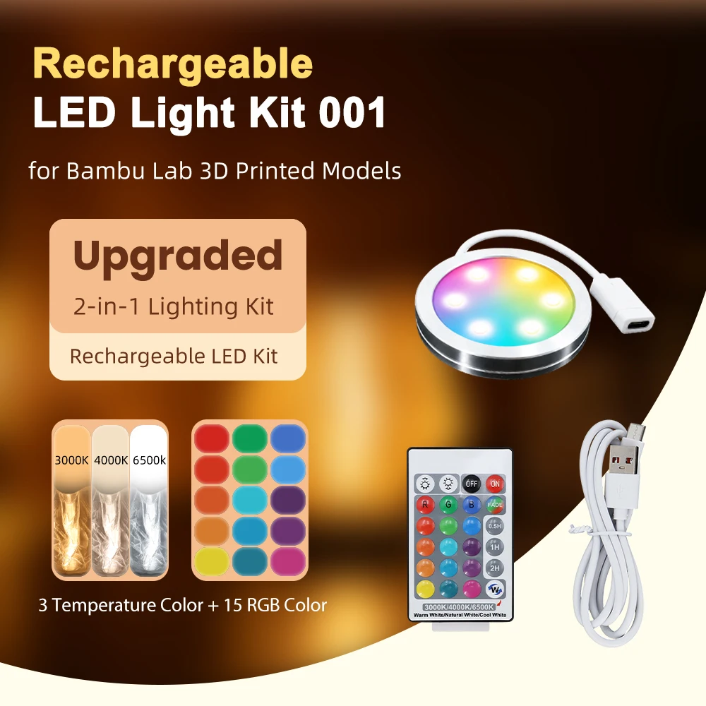 Upgrade Rechargeable kit 001 for Bambu Lab DIY Model Hardware Adjustable RGB Colors Rechargeable LED Light with Remote Control