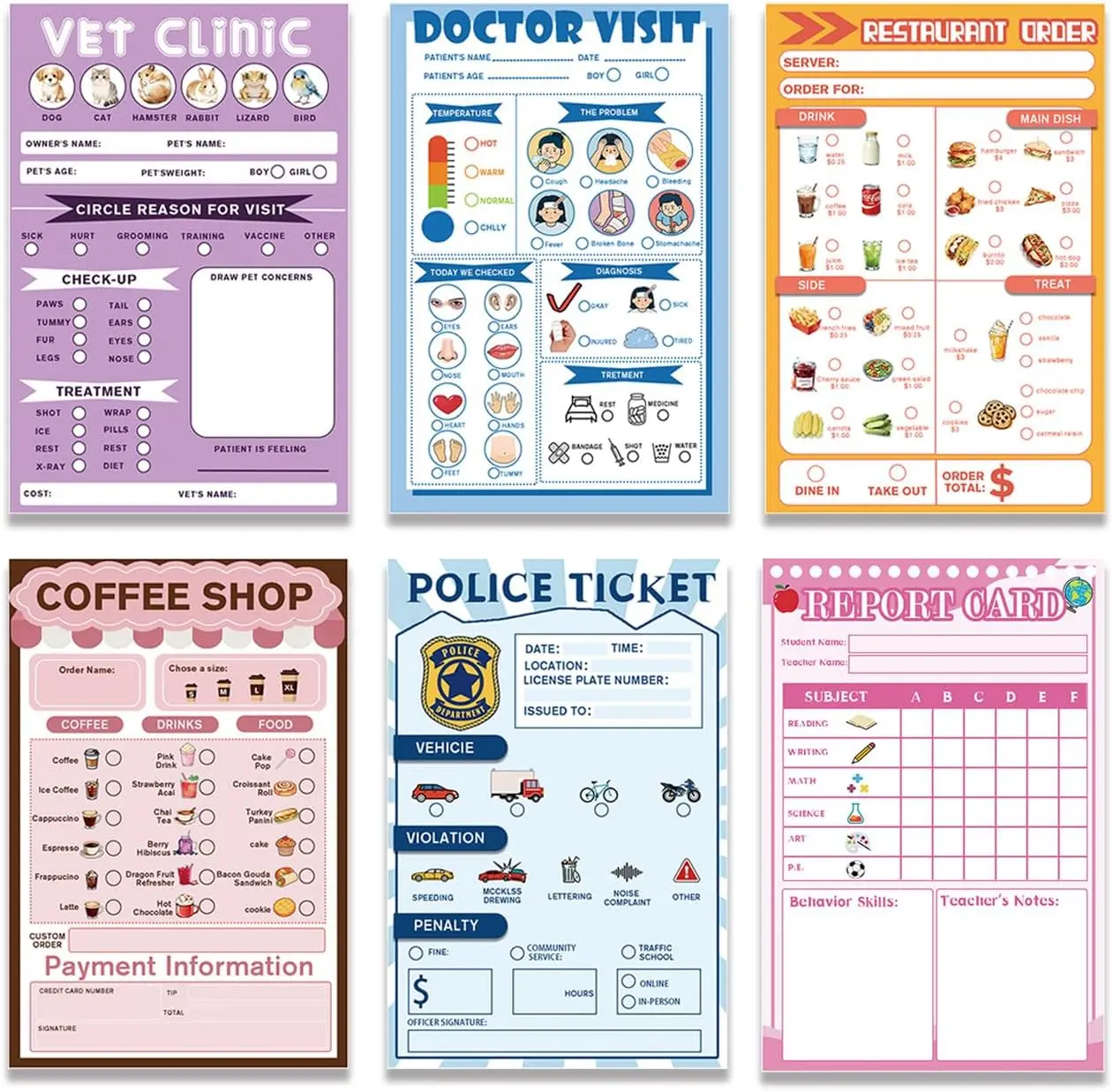 6 Pack Pretend Playtime Notepads Playtime Pads Doctor’s Report Grocery List Vet Restaurant Coffee Checklist Notepads for Kids