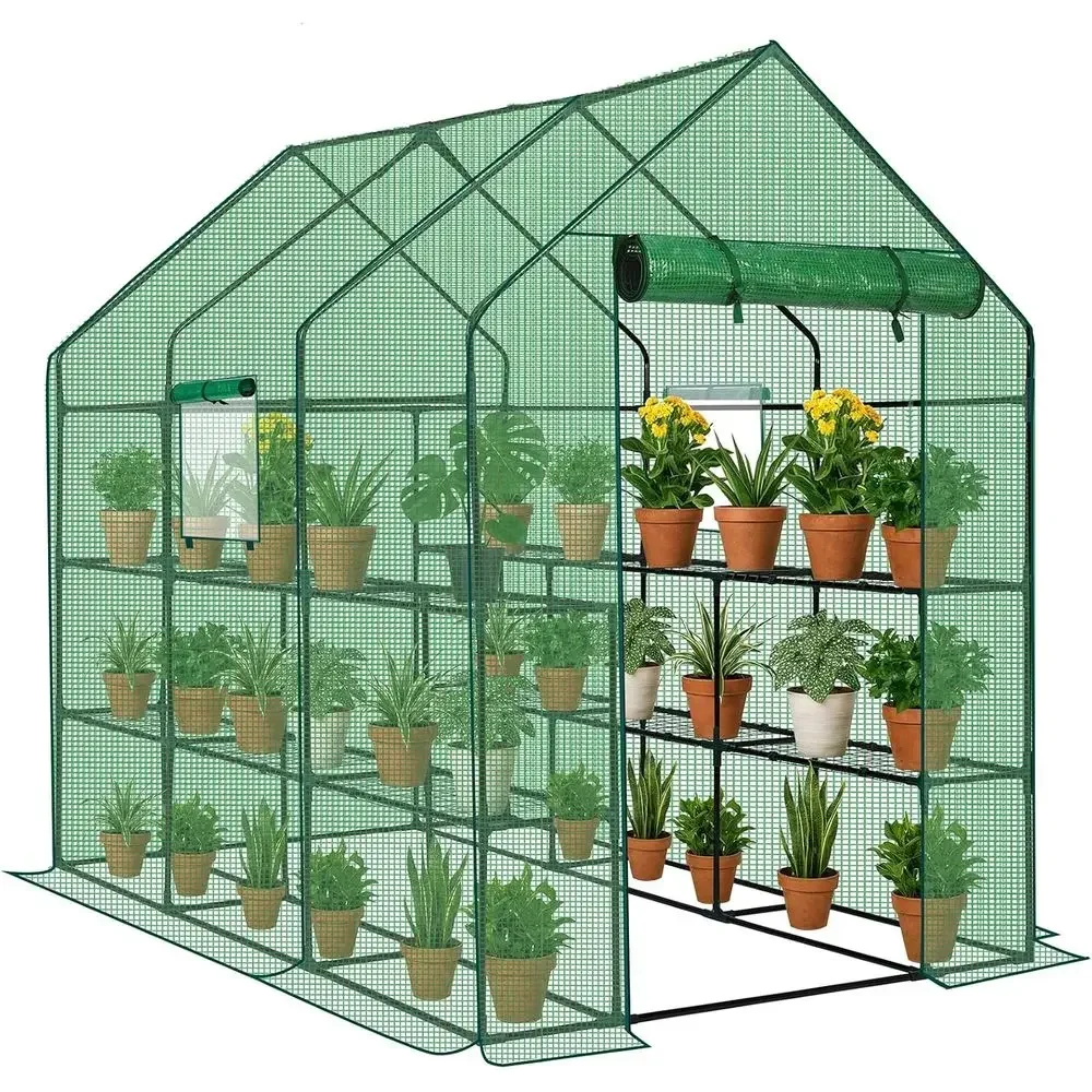 Durable Outdoor PE Walk-in Greenhouse with 3 Tiers, 12 Shelves, Roll-up Door, 56x85x77