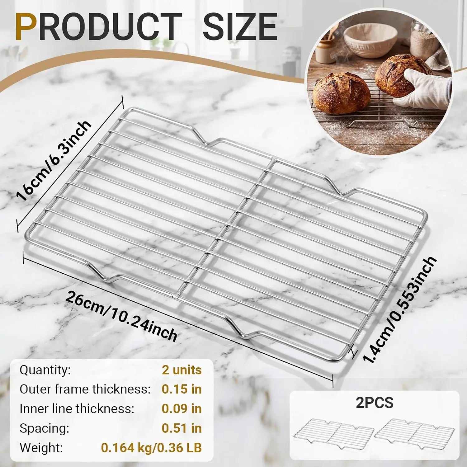 2 Pack Cooling Racks, 5L x 10.5W x 1H Stainless Steel Wire Rack for Baking Sheet, Large Cookie Cooling Rack, Oven Safe Cooking R