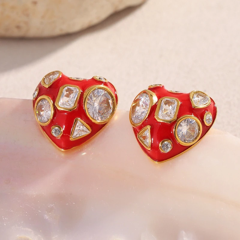 PRISCA | Red Heart Shape Stud Earring Stainless Steel Cubic Zirconia Jewelry Plated 18k Gold Light Luxury Design