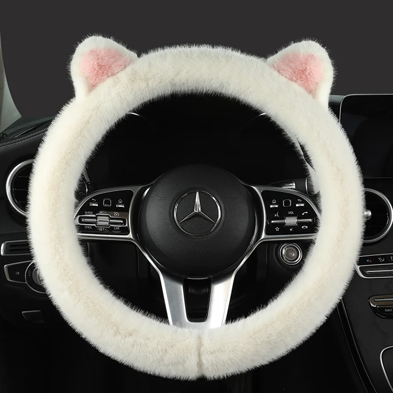 

Pink Fluffy Steering Wheel Cover For Women Cute Cat Ears Plush Handle Cover Cartoon Steering-Wheel Case 38CM/15" Universal