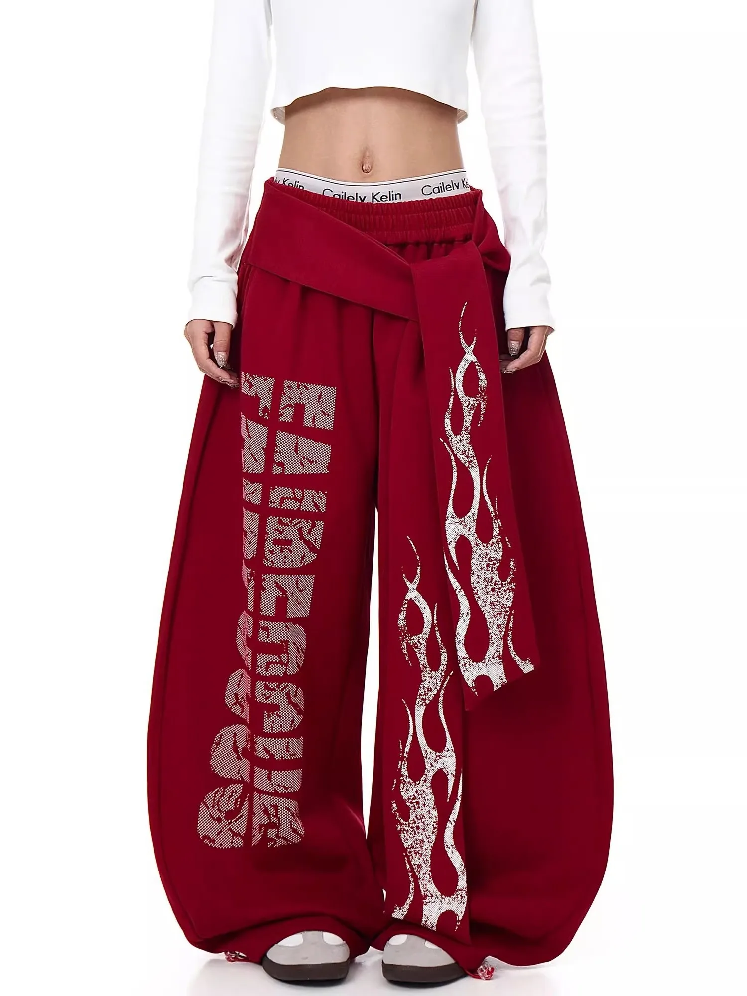 

plus Size 300 Pou Flame Letter Hiphop Belted Wide Leg Pants Men's Autumn Winter Fce Lined Loose Trousers Trendy Sle