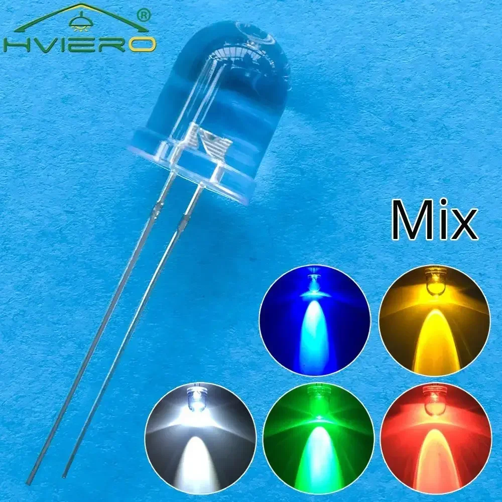 

50Pcs 10mm Round Top Super Bright Lamp Beads Clear Emitting Diode LED Dome Light Bulb White Red Green Blue Yellow UV Pink Orange