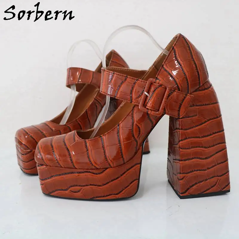 Sorbern Mary Janes Brown Block High Heel Visible Platform Square Toe Shoes Wide Straps Custom Colors Big Size 33-48