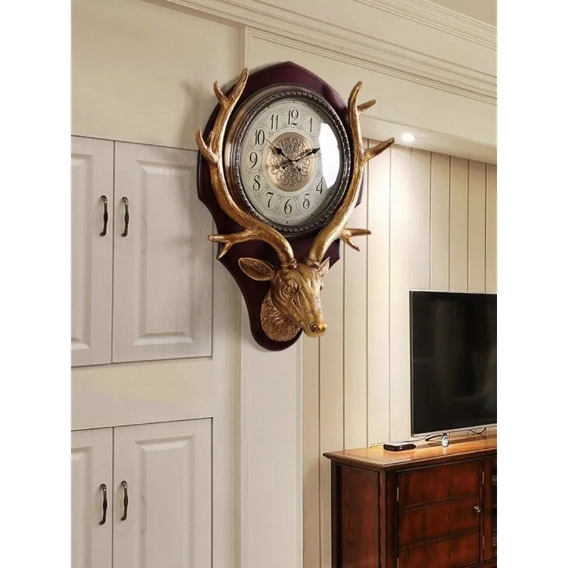 European Luxury Deer Head Wall Clock for Living Room New Light Luxury Retro Quartz Silent No Drilling Wall Mounted Home Decor