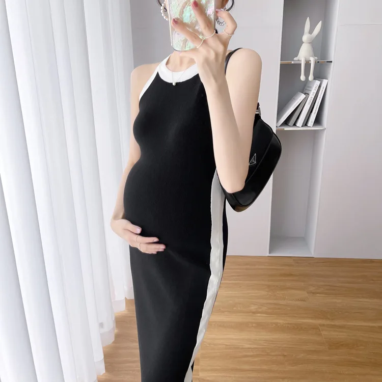 

Pregnancy Dress 2022 Summer Dress French Temperament Sleeveless Vest Long Skirt Side Slit Sexy Bag Hip Knitted Maternity Skirt