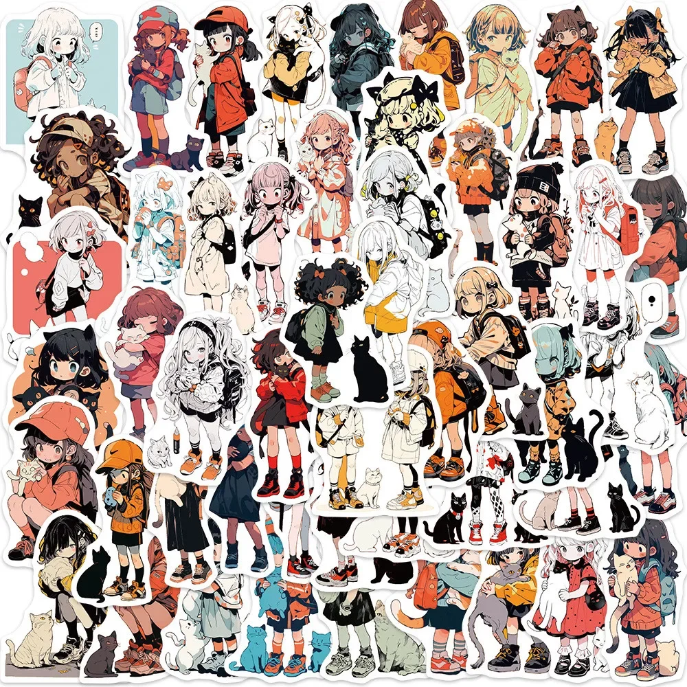 50PCS Cartoon Mädchen und Katzen Graffiti Aufkleber für Fahrrad Hand Konto Federmäppchen Aufkleber LanLanStickersWorld