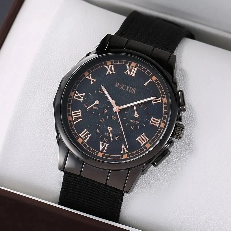 4pcs Brown Nylon Strap Quartz Watch With Bracelet For Men Casual Fashion Round Watch In Daily Sport