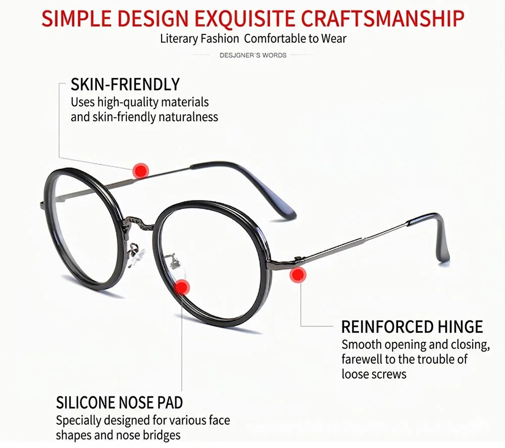 Classic Circle Eyeglasses Black Metal Glasses Frame Anti Blue Light Women Fancy Decorative Specs Lightweight Vintage Eye Wear