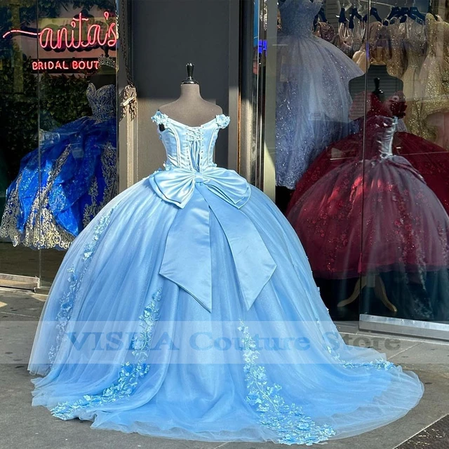 Vestido De quinceanera con lazo en la espalda traje De baile con hombros descubiertos azul claro apliques De flores 3D graduacion 7 2023 AliExpress