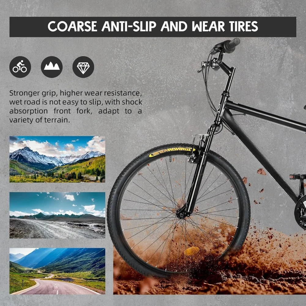 26-inch mountain bike, 21-speed/high-carbon steel, dual disc brakes, ergonomic adjustable seat for men, women and adults