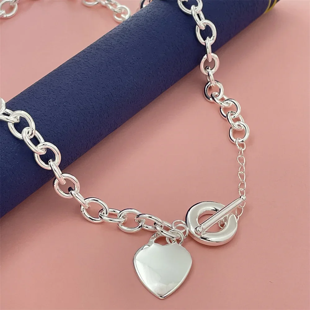 

925 Sterling Silver Heart Pendant Necklace, TO Clasp 45CM, Women Couple Simple Luxury Wedding Birthday Jewelry Gift