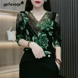 Women's Sexy Sheer Mesh Lace Rhinestone Elegant Party T-shirts Fashion Vintage Print V-neck 3/4 Sleeve Slim Club Basic Tops Ropa