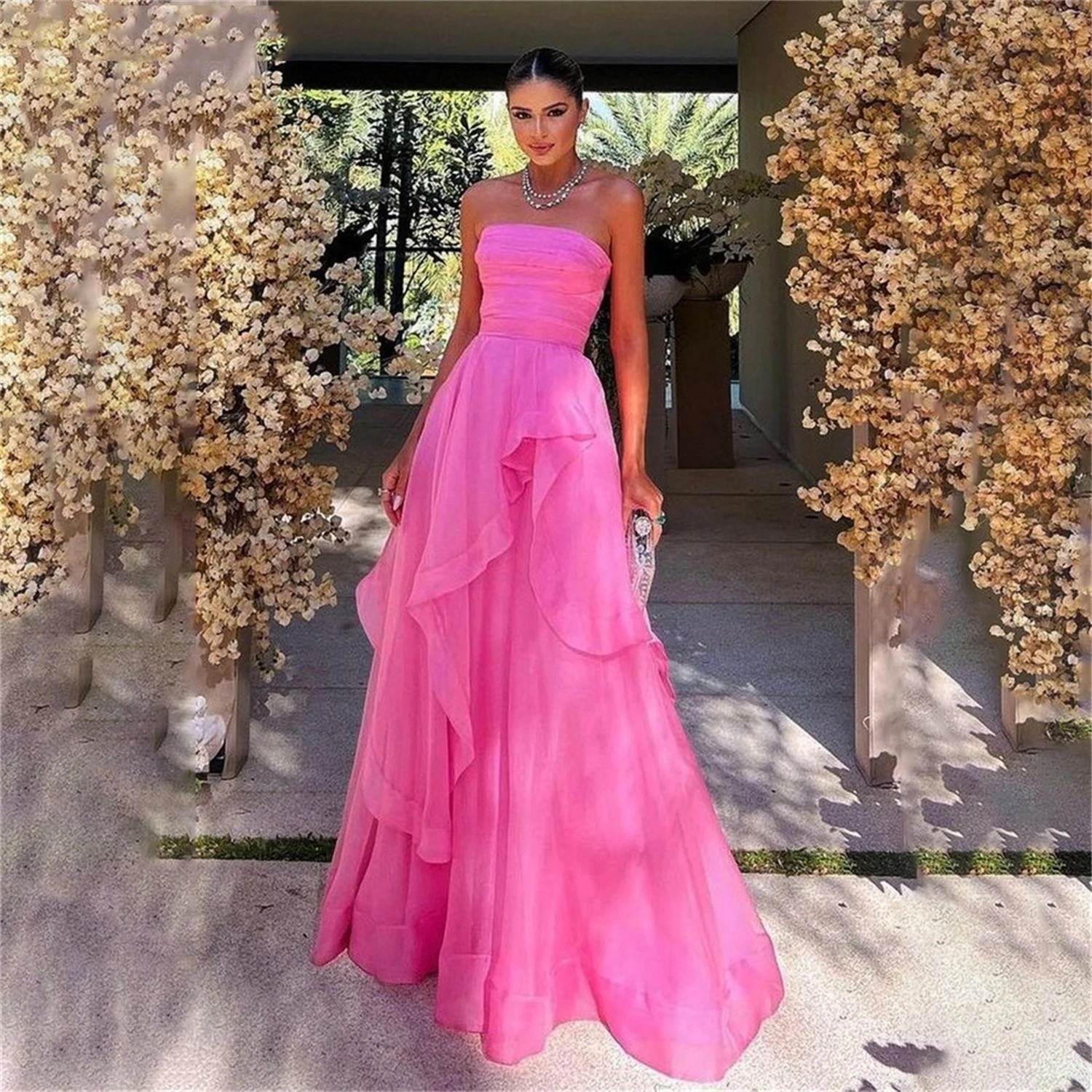 Ball Gown Irregular Skirt Organza Graduation Strapless Hot Pink Gala Dress Women Elegant Party Brand Dresses Evening Customized