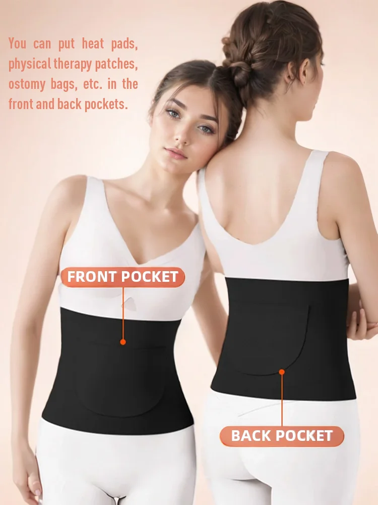 Front Back 2 Pockets Waist Support Thin Unisex Abdomen Back Pressure Warmer High Elastic Stoma Bag Support Inner Wear Cold Day