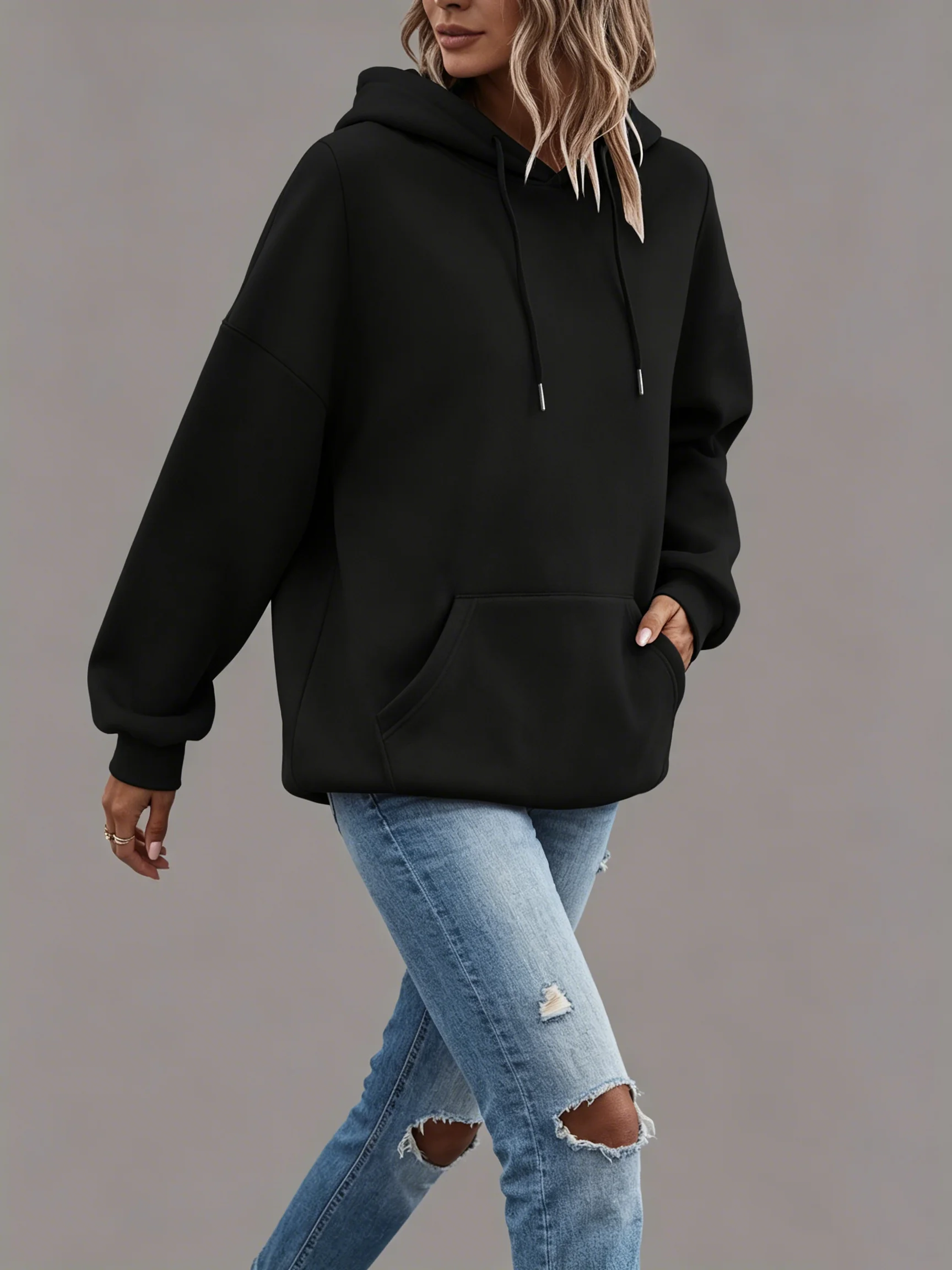 Hooded drawstring long sleeved sweatshirt with loose shoulder pockets for women's casual pullover