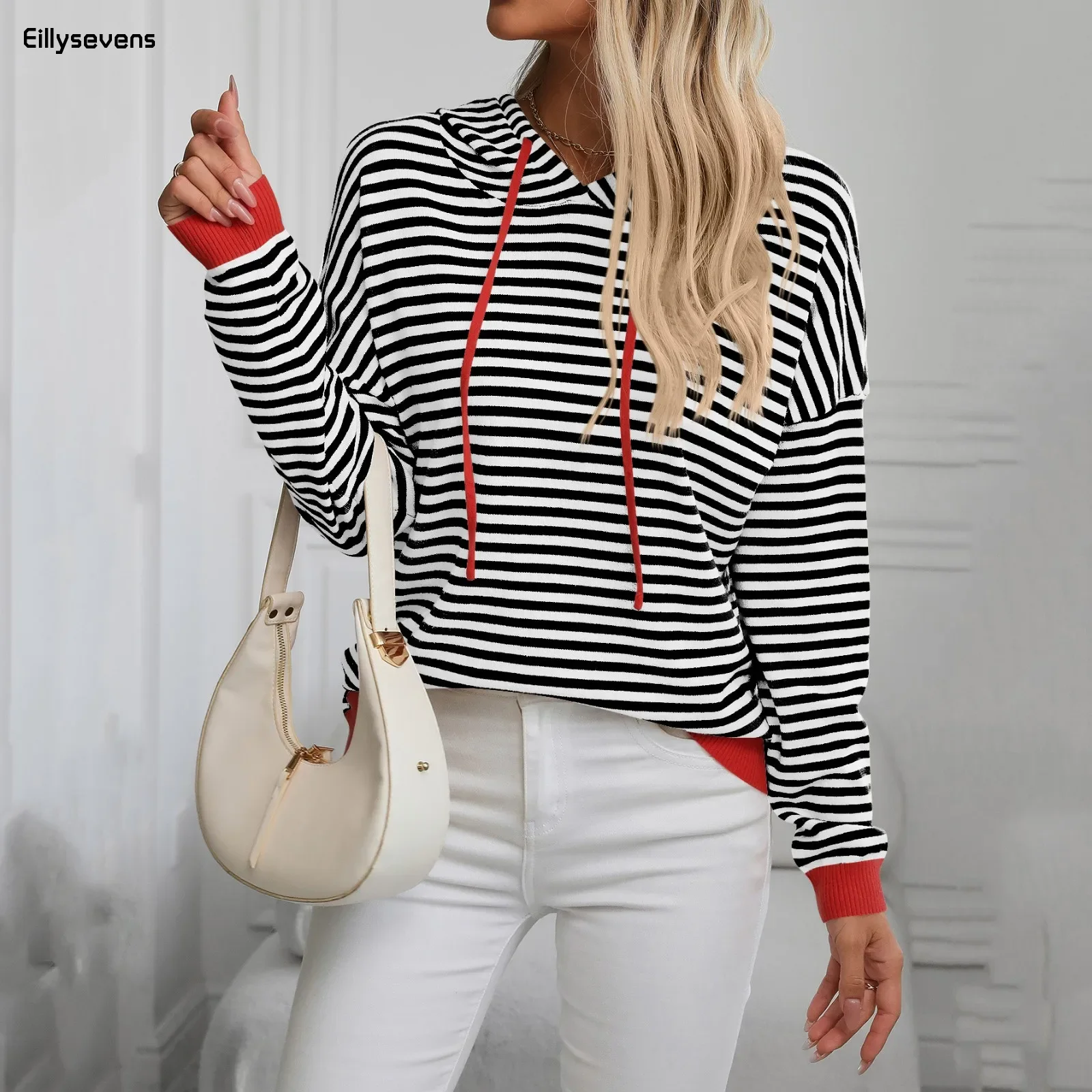 

Women Clothing Korean Fashion Striped Patchwork Hoodies Casual Long Sleeve Hooded Sweatshirts Loose Pullover Tops