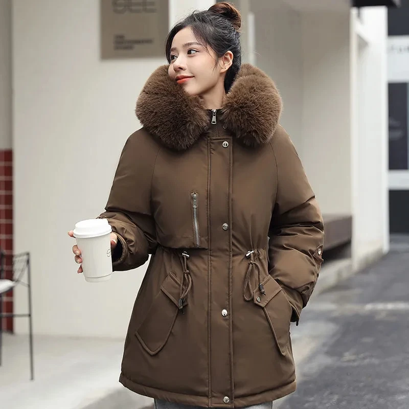 Pai-Women's Windproof Long Overcoat with Big Fur Collar, Cotton-Padded Jacket, Korean Warm Parker Coat, Winter, New