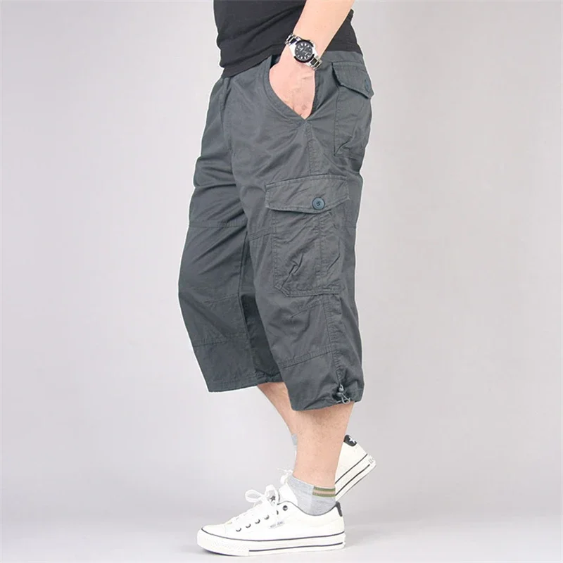 Long Length Cargo Shorts Men Overalls Cotton Multi Pocket Capri Pants Hot Breeches Tactical Military Shorts Plus Size E6065