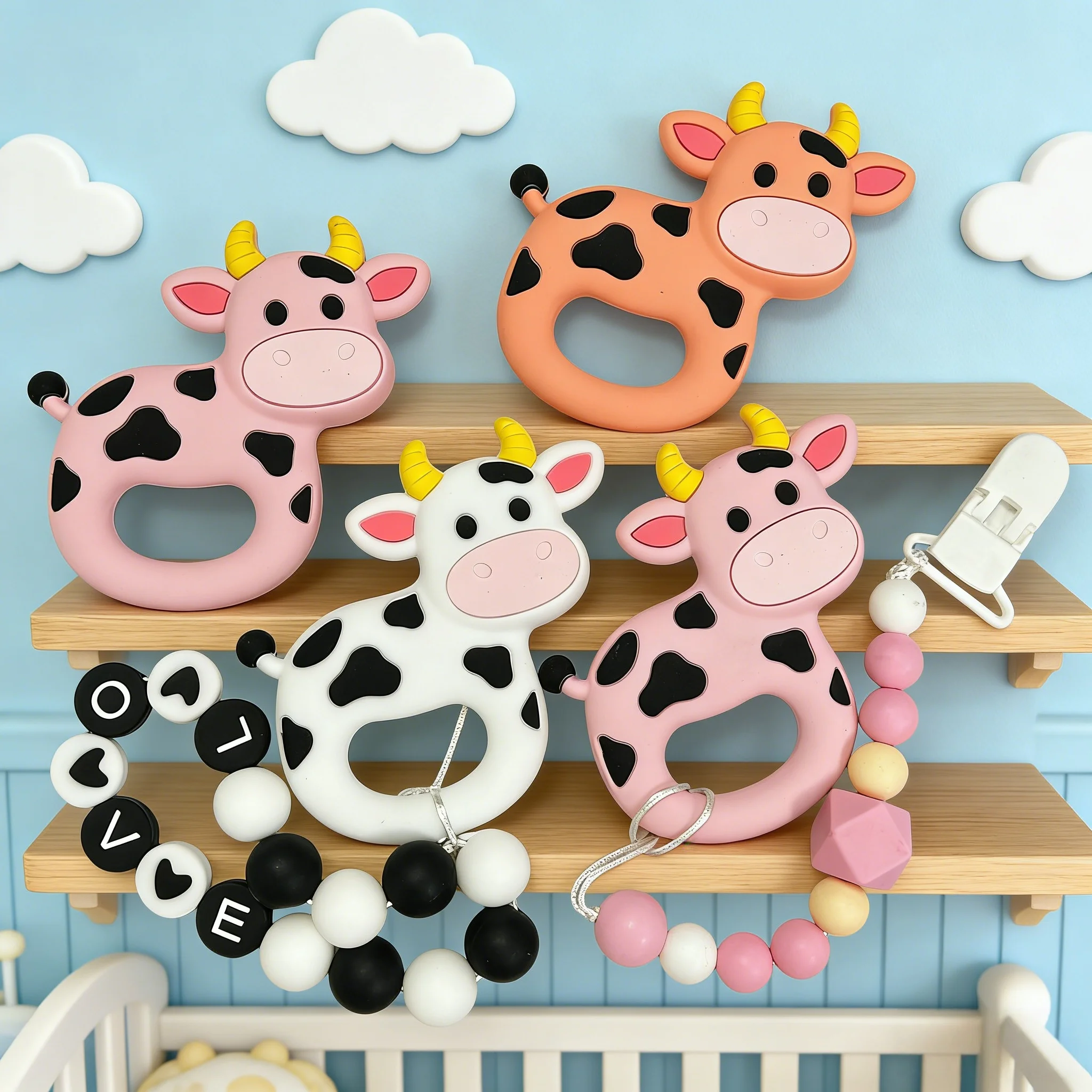 Food Grade Silicone Baby Teether Set Cartoon Cow Chew Toys with Pacifier Holder Chain BPA Free Easy to Clean Ideal Gift for Baby