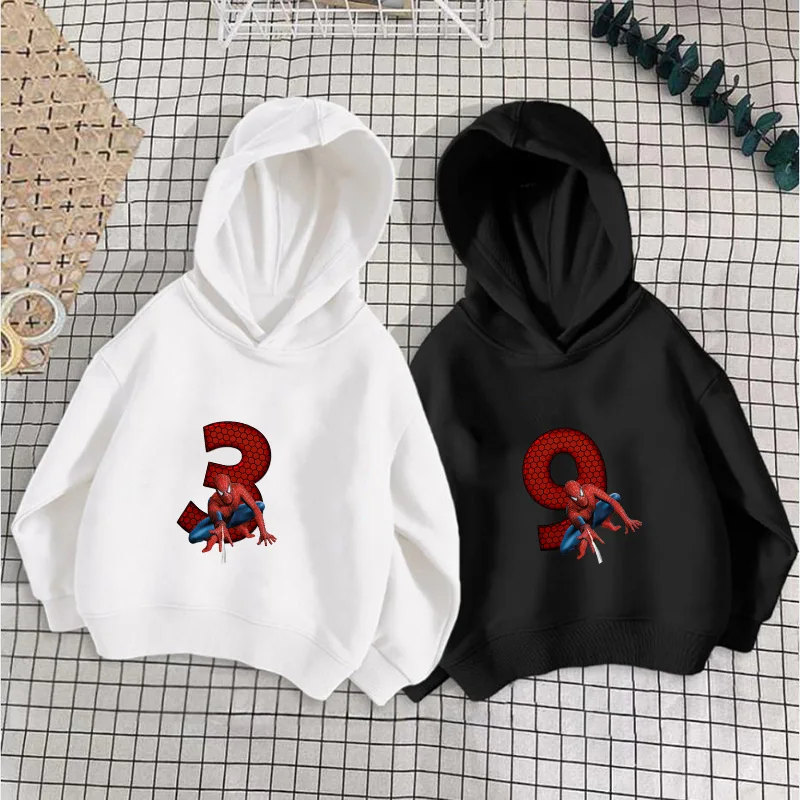 

Spider-mans Kids Hoodies Birthday Number 1-9 Girl Boy Pullover Children Anime Casual Clothes Cartoons Sweatshirts Tops