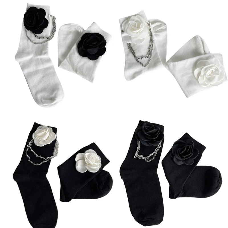 Women Student Gothic Punk Cotton Socks Harajuku Artificial Camellia Flower Metal Chain Skateboard Tube Hosiery