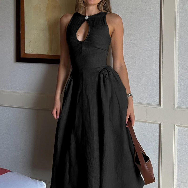 BKLD OL Out Going Abito elegante a trapezio femminile Solido con taglio frontale Abiti midi con cerniera pieghettata a vita alta senza maniche con un bottone