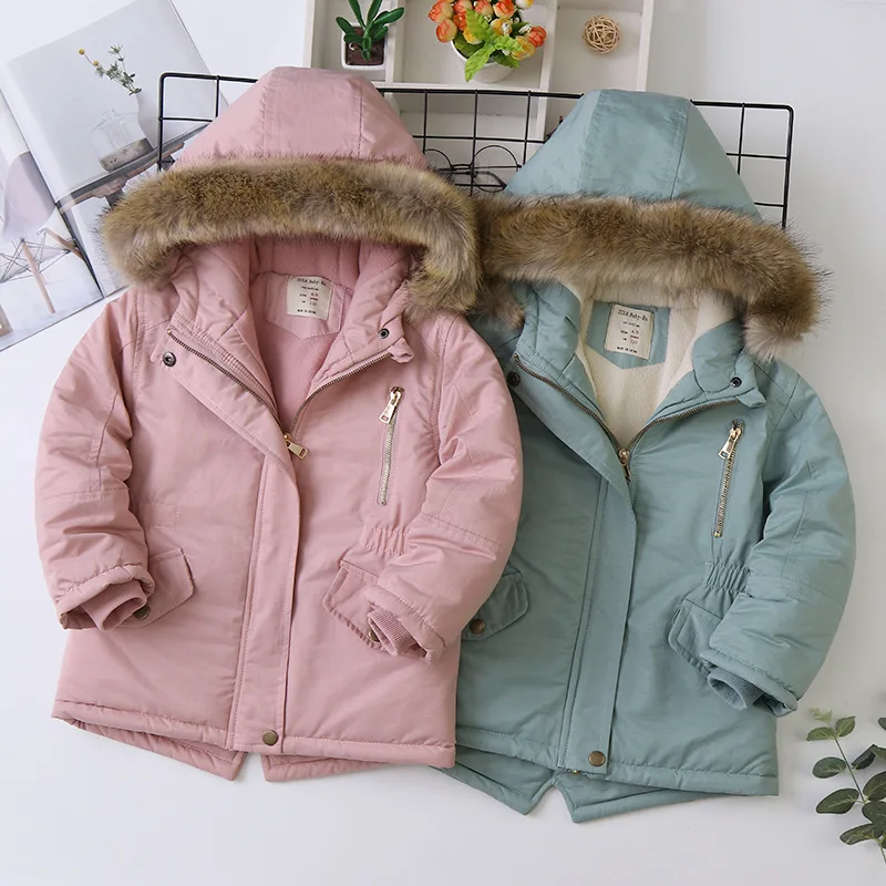

Autumn Winter Little Girl Hooded Jacket Faux Fur Plus Velvet Thicken Warm Outerwear For Kids Girl 4-14Y Toddler Babys Girl Parka