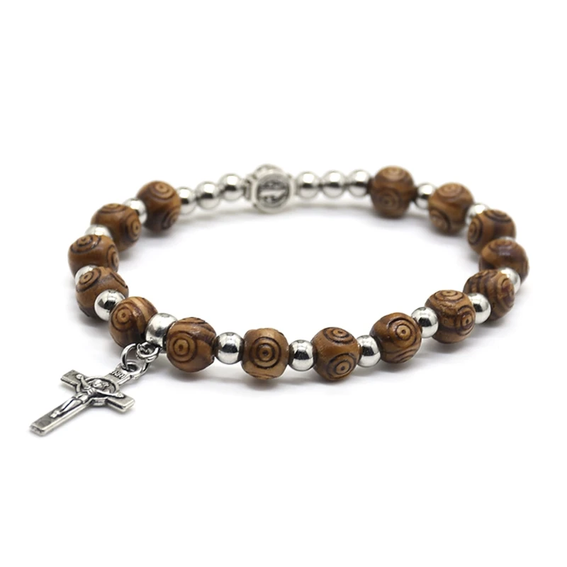8mm Wood Beads Rosary Bracelet Vintage Jesus Christ Crucifix for Cross Wristband Chain Bracelets Men Unisex Jewelry Charm Gift