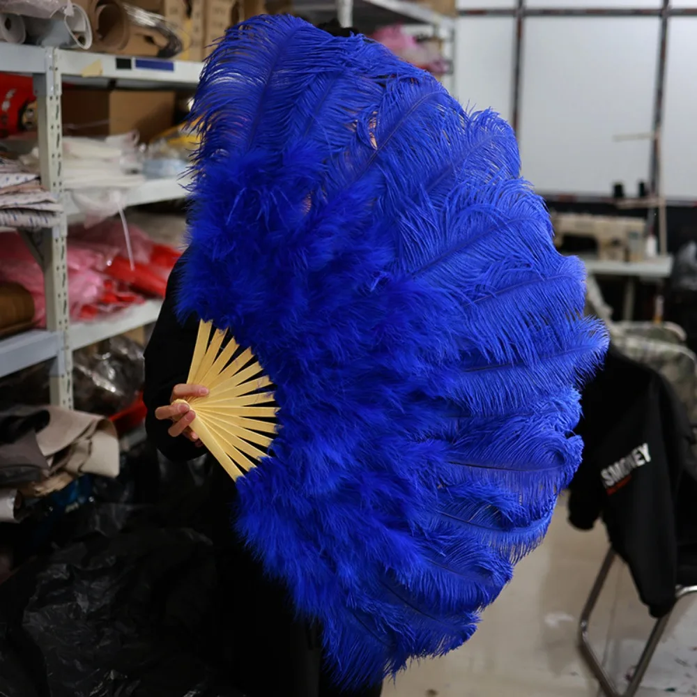 

New Big Red Ostrich Handheld Feather Fan 12 Bones Runway Shooting Props Folding Fan 35*60cm Performance Feathers Fan Crafts