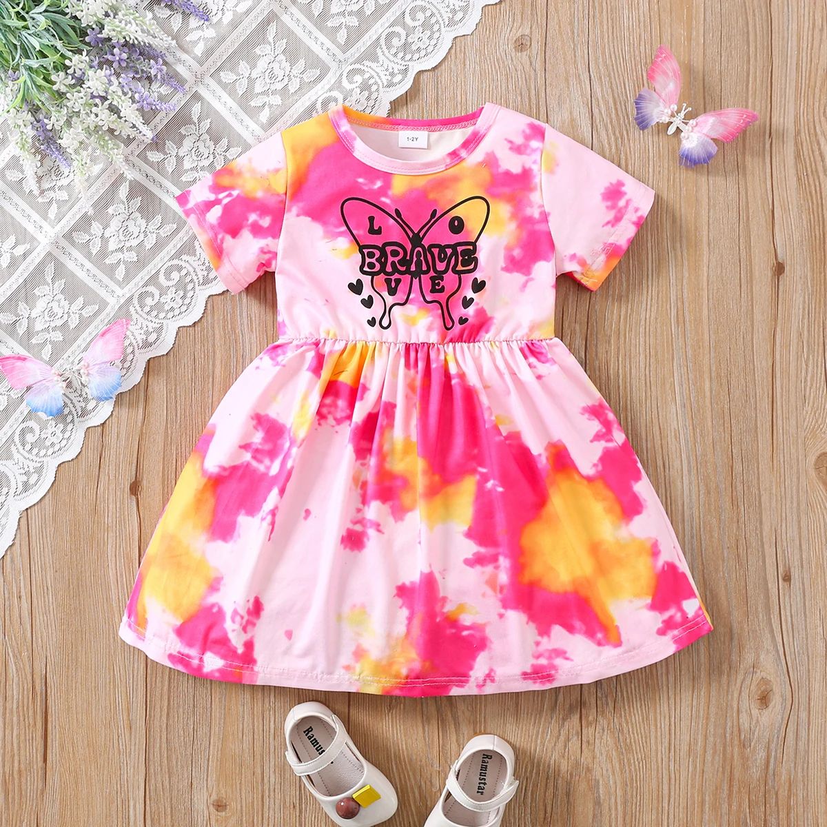 Summer girls A-line skirt letter butterfly print tie-dye short-sleeved dress European and American fashion baby princess dress