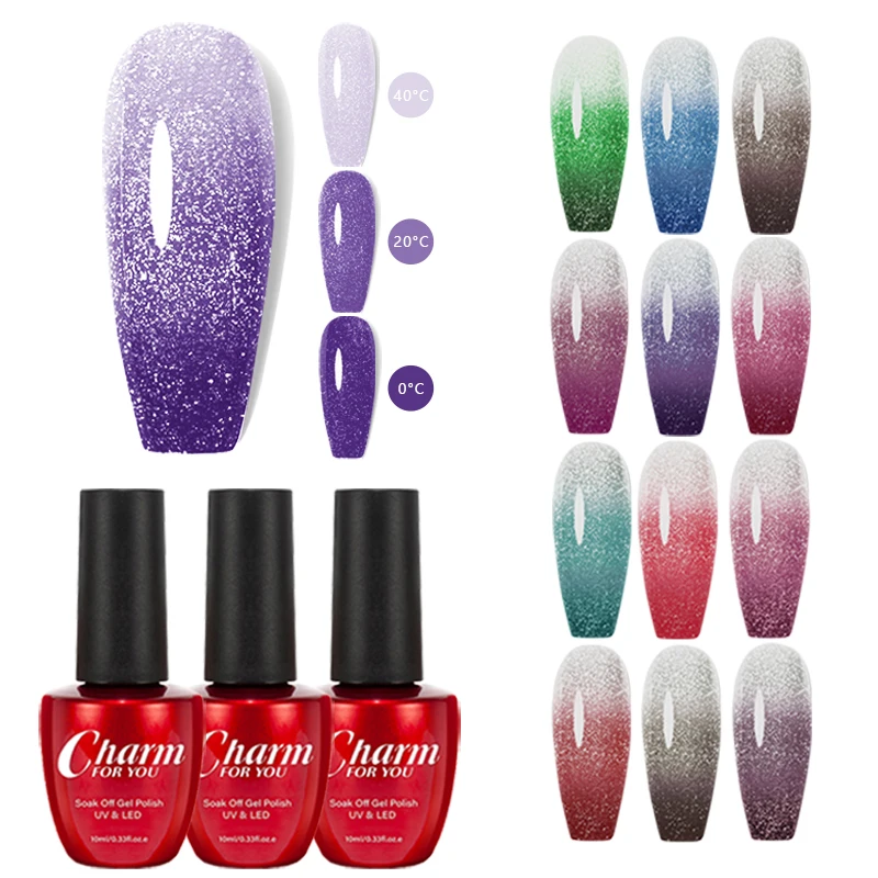 Esmalte de uñas de Gel térmico con purpurina, 3 capas, cambio de temperatura, Semi permanente, Soak Off, UV LED, arte de uñas, Gel DIY, 10ml