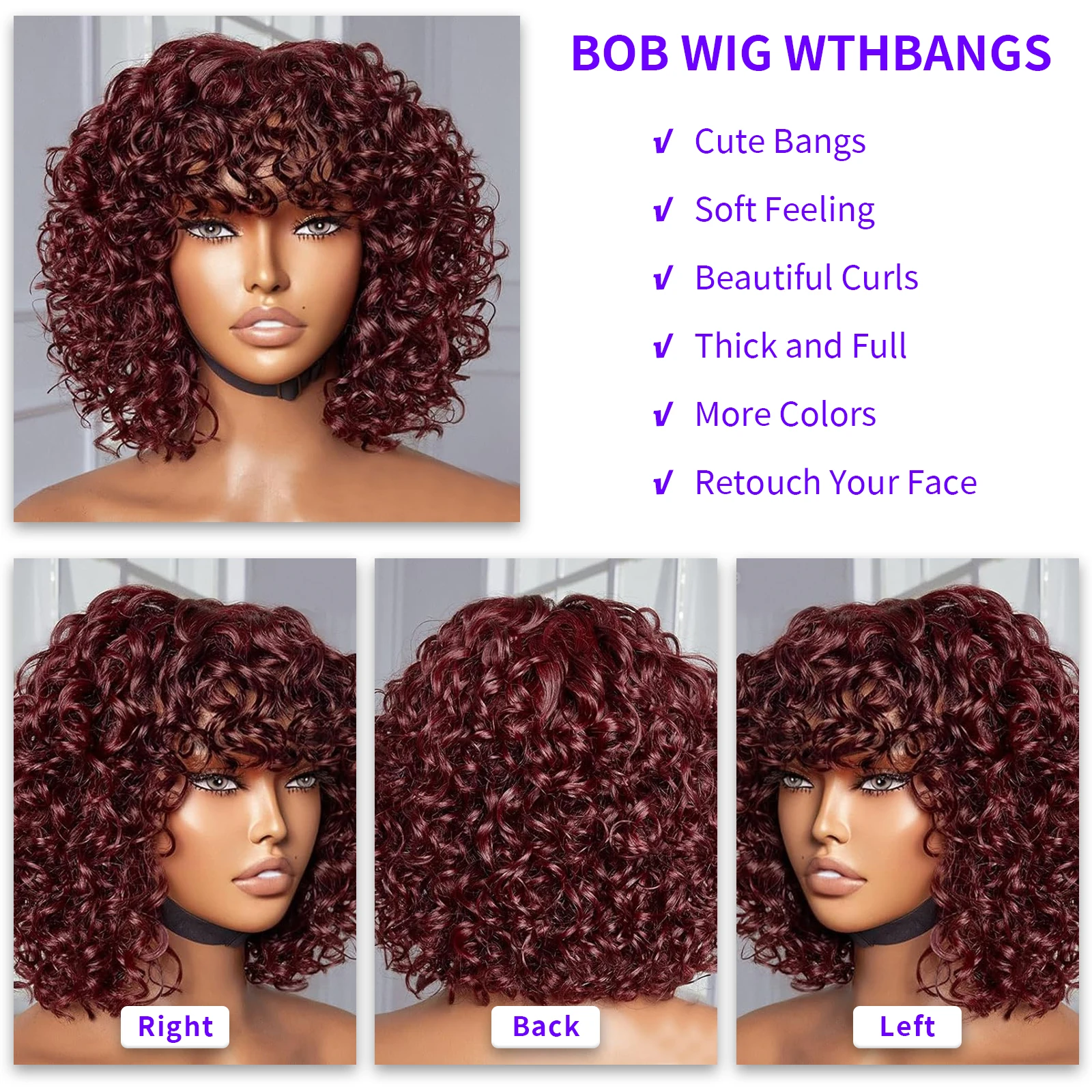 14インチ バーガンディレッド ディープウェーブ人毛ウィッグ 前髪付き フルマシンメイド カールショートボブウィッグ 100%レミーピクシーカットウィッグ 女性用