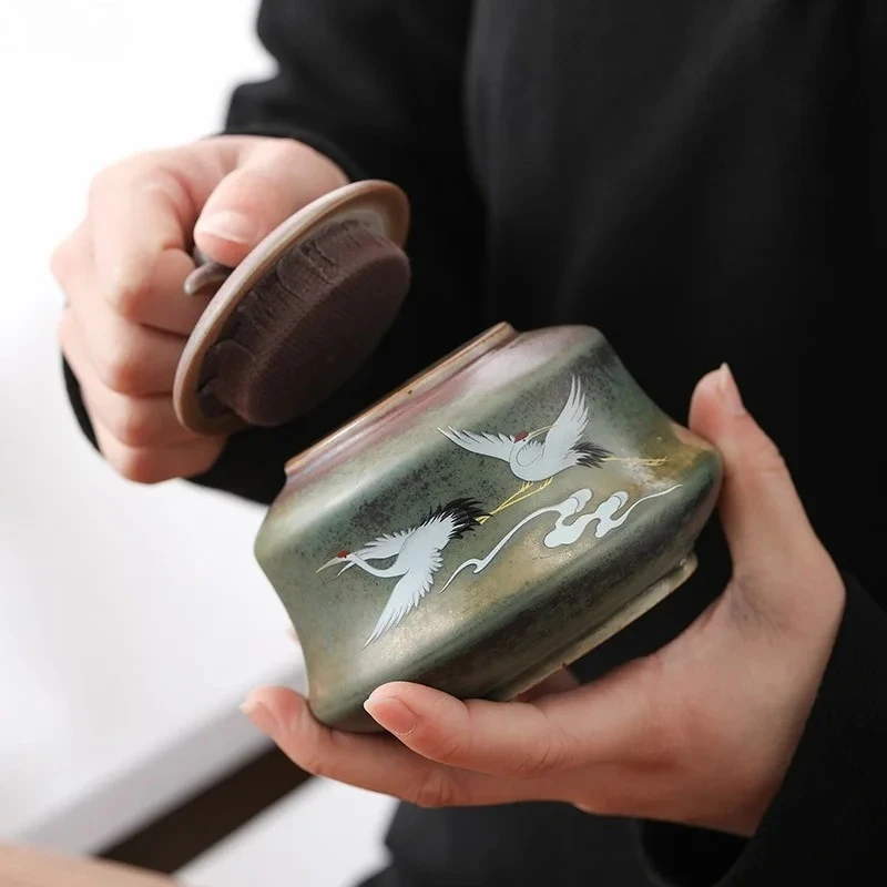 Crane Tea Caddy Ceramic Storage Jar Tea Box Sealed Jar Candy Jars Grain Tank Container Organizer