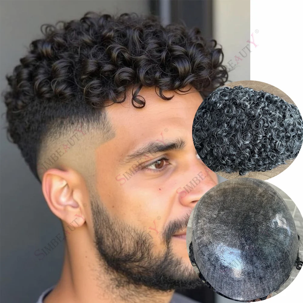 15 مللي متر شعر مستعار مجعد للرجال شعر بشري أمريكي أفريقي شعر مستعار متين Microskin كامل بولي PU أسود رمادي 1b20 الأفرو ذكر الشعر الاصطناعي