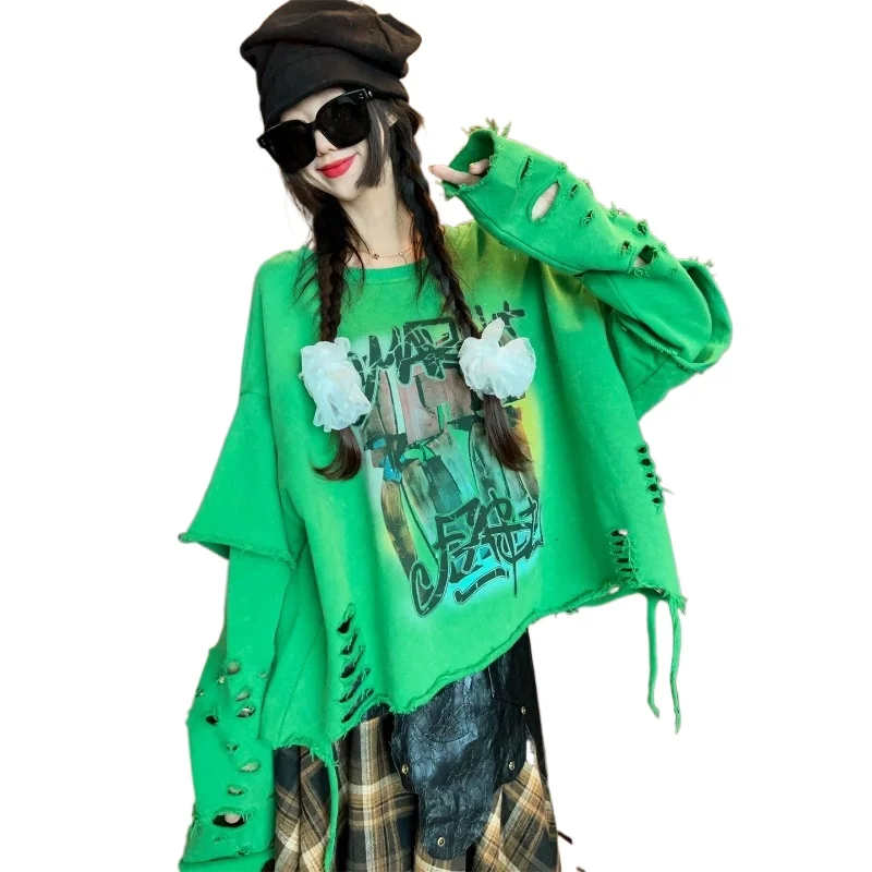 

Женский свитер оверсайз (до 145 кг), корейская версия, модный, рваный, с длинными рукавами, весна-осень, новый, свободный, повседневный, универсальный топ