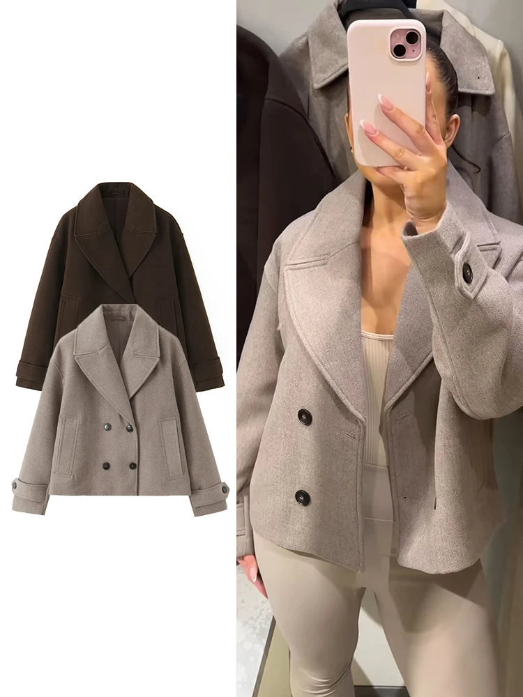 

TFMLN женское двубортное шерстяное пальто 2025 зимнее теплое элегантное однотонное свободное офисное женское пальто новая осенняя короткая верхняя одежда