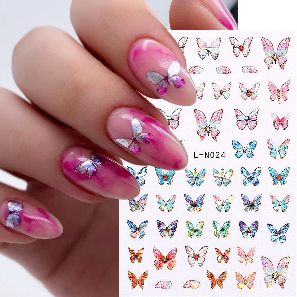 3D Holographic Butterfly Nail Stickers Pink Blue Butterflies Nail Decals Shiny Laser Foils Flowers Stars Manicure Sliders LEBL-N