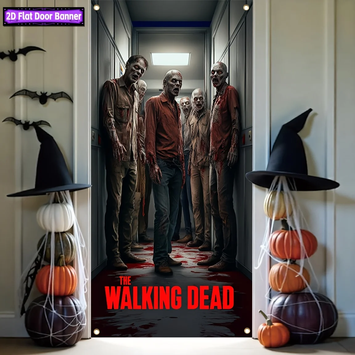 2D-Türbanner aus Polyester, laufende tote Zombies in Aufzugsszenen, Halloween, Zuhause, Büro, Bar, Partydekorationen