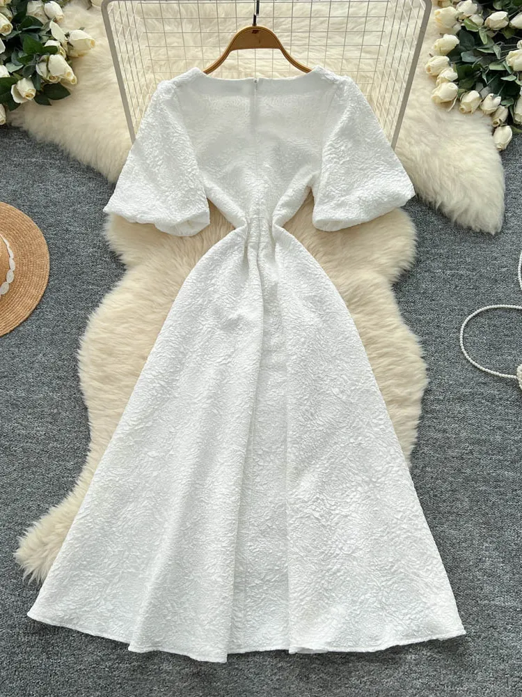 Ele Summer Texture floreale Bubble Sve Dr Donna di media lunghezza A-Line Dr Coreano Sle Vita alta ort Sve Dr