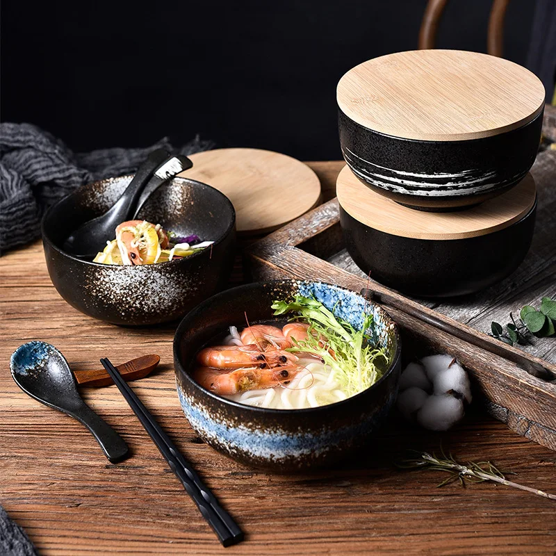 Japanese Style Ceramic Bowl with Lid, Single Noodle Bowl, Creative Instant Noodle Bowl