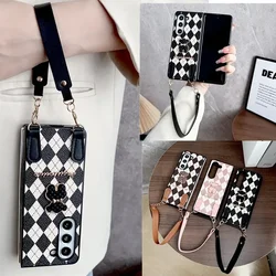 Korean Fashion Cute Metal Bear Short Hand Chain Rhombus Lattice Leather Case Cover For Samsung Galaxy Z Fold 6 5 4 3 zfold6 5G