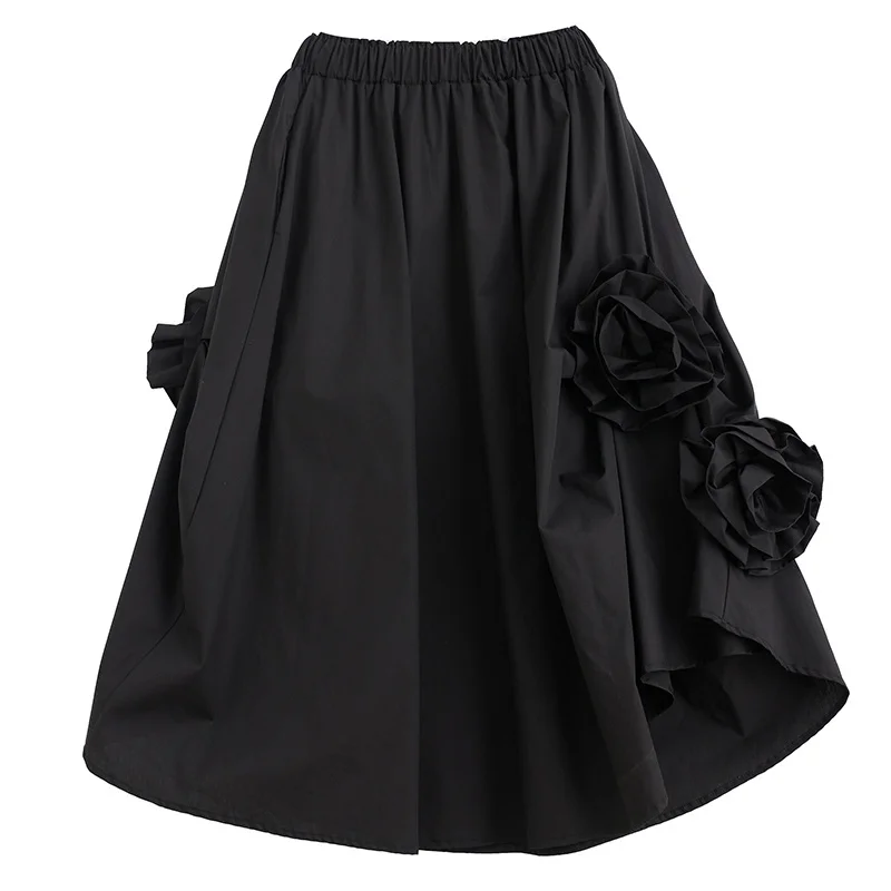 #3012 Spring Summer Black Vintage Midi Skirt Women Irregular A-line Skirts Spliced Floral Elastic High Waist Skirts Gothic Loose